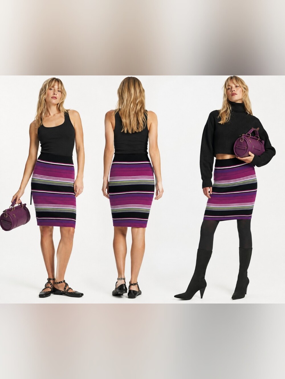 NWT Poof Couture Purple Striped Knit Pencil Skirt Stretch Fitted Bodycon Sweater